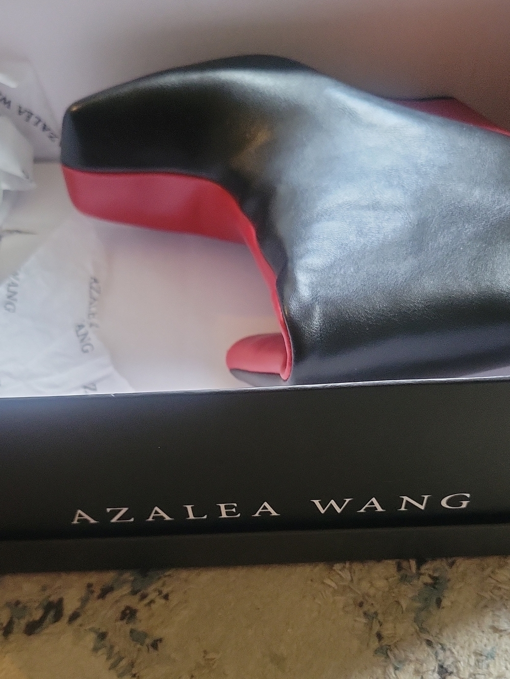 AZALEA WANG Black Leather Mid-Calf Boots with Red Block Heel - Picture 8 of 8